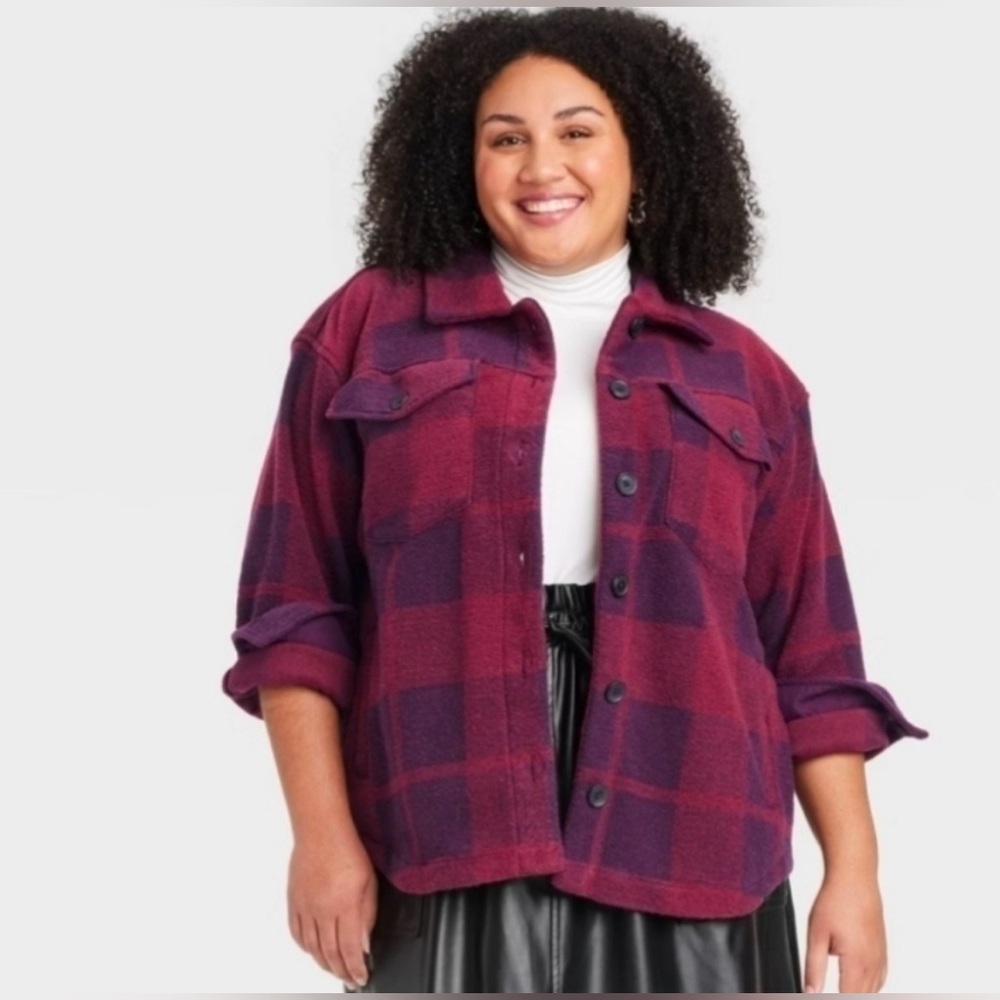 Ava & Viv Women's Jackets & Coats Front Button-Down Shacket Burgundy
Plaid 1X